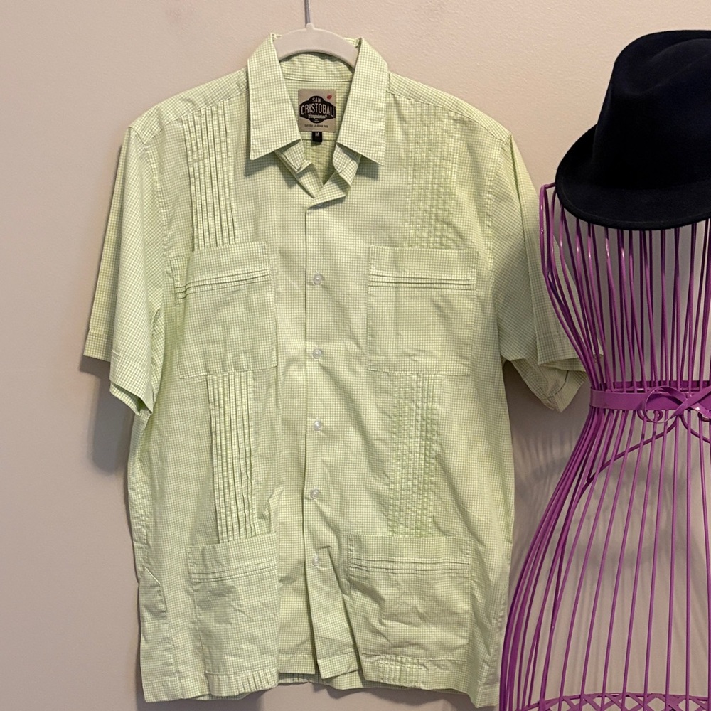 San Cristobal Guayabara Cuban Short Sleeve Shirt - Light Green and White Plaid